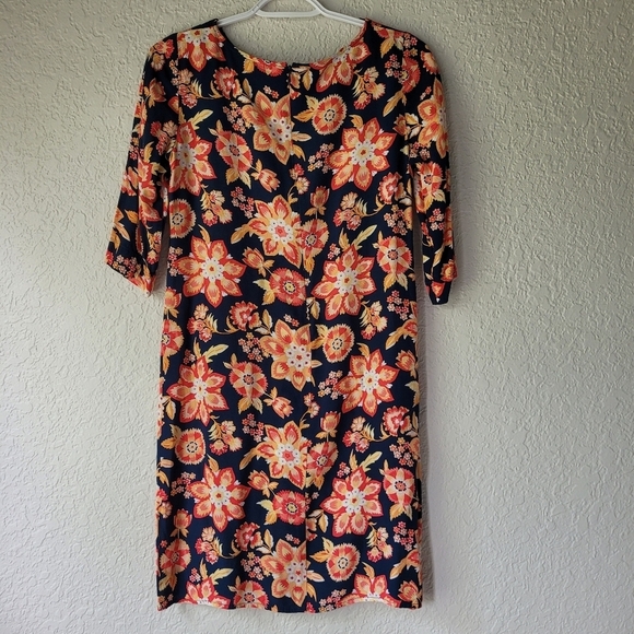 J. Jill Scoop Neck Navy Orange Floral Printed 3/4 Sleeve Sheath Dress Women's 4 - Picture 2 of 12